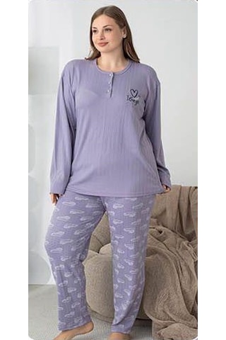 Lindros Kadın Pamuk'lu Düğme Yaka Raporlu İnterlok Kışlık Battal Pijama Takımı 05150 - 1 Adet Lila