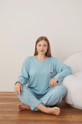 Lindros Kadın Pamuklu Düğme Yaka Raporlu İnterlok Battal Pijama Takımı 05108 - 1 Adet Yeşil