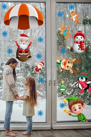 Paraşütle Uçan Noel Baba Kardan Adam Penguen Ve Kurabiye Adamlar Yılbaşı Sticker