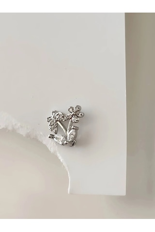 Kelebek Çiçek Model Kıkırdak Piercing Tragus Helix Gümüş Renk Küpe Gümüş