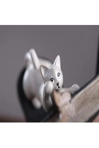 Dekoratif Kedi Figürlü İkili Kitap Tutucu Beyaz Renk