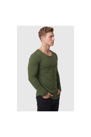 Deepsea Erkek Haki %95 Pamuk Slim Fit Kesik Açık Yaka Likralı Penye Sweatshirt Oval Kesim 2602299