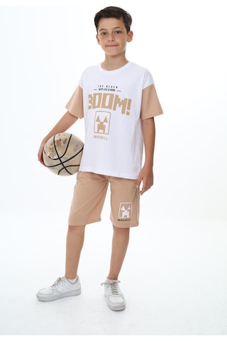 Erkek Çocuk Boom Baskılı Kısa Kollu Şortlu Takım-5909-Bej