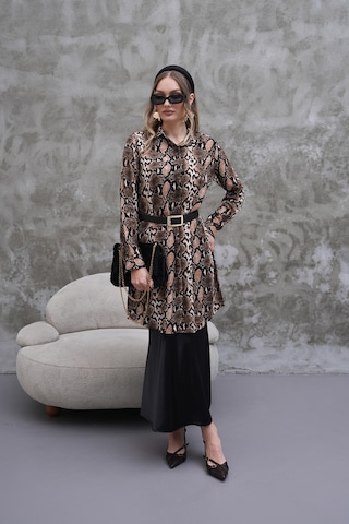 Polologin Butik Yılan Derisi Desenli Tunik Kahverengi & Siyah