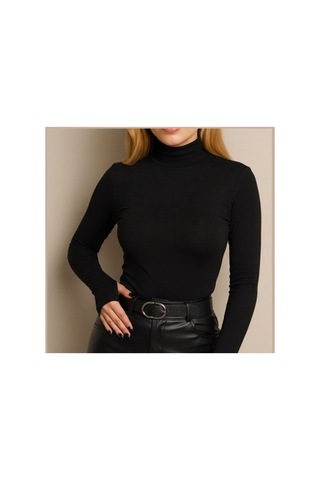 Unika Boutique Uzun Kol Dik Yaka Parmak Geçmeli Body T-shirt Siyah
