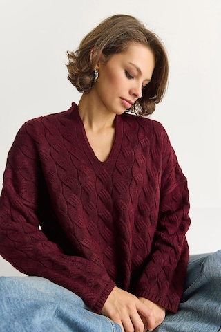Shade Kadın Oval Yaka Saç Örgü Oversize Triko Kazak Tk241277 60284091 - Bordo