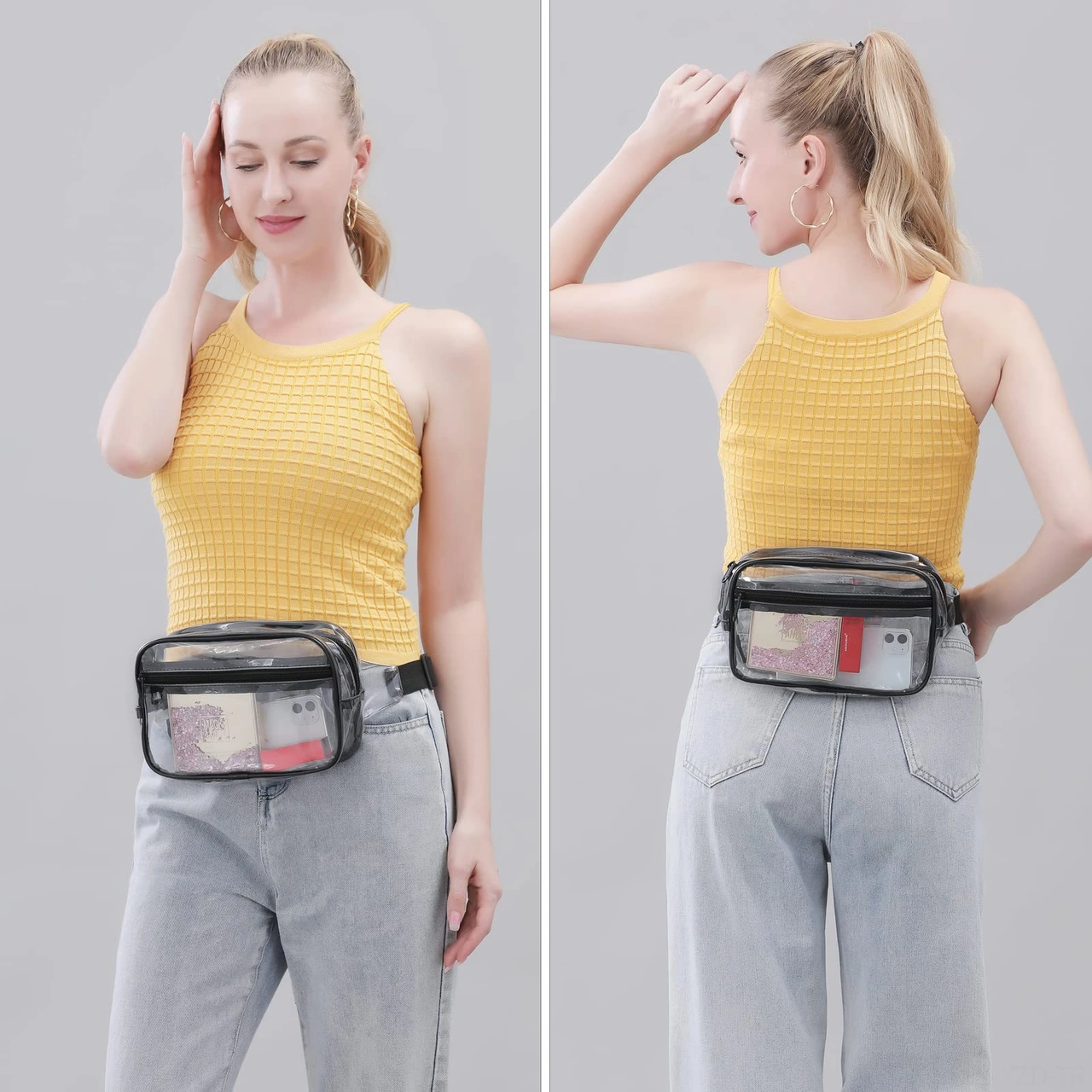 Yuntech01 Siyah Şeffaf Pvc Spor Bel Çantası - Stadyum Onaylı, Su Geçirmez, Ayarlanabilir Kemer, Outdoor Etkinlikler İçin Çabuk Erişimli Depolama Siyah