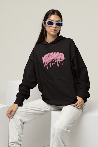 Nevermind Unisex Oversize Hoodie Sweatshirt Pembe Baskılı Kapüşonlu Siyah