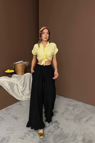 Defymoda Siyah Paçası Fırfırlı Keten Pantolon Siyah