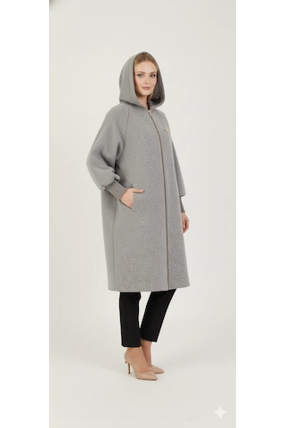 Kadın Gri Kapüşonlu Balon Kol Fermuarlı Kaban Oversize Midi Boy Kışlık Kaşe Mont Gri