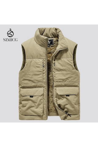 Kalın Polar Retro Çok Cepli Dik Yaka Erkek Yeleği... Haki