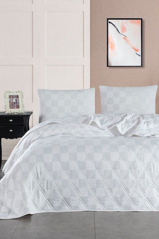 Enlora Home Kareli Saten Çok Amaçlı Örtü Çift Kişilik Beyaz