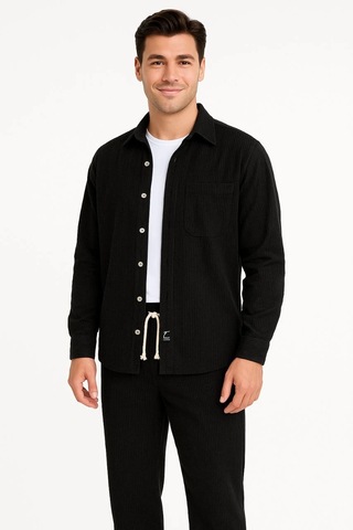 Erkek Kadife Oversize Takım - Gömlek Ve Pantolon İkili Set Füme Corduroy Şıklığı, Rahat Ve Zarif Duruş Yumuşak Dokulu Kadife Kumaş, Düğmeli Gömlek Üst Ve Lastikli Pantolon Alt Parça İle Gün Boyu Konfor- Siyah Çok Renkli