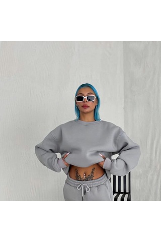 Mbb E-ticaret Kadın Bisiklet Yaka 3 İplik Pamuklu Basic Sweatshirt - Gri