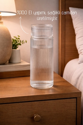 El Yapımı Cam, Pure Modelli Başucu Sürahisi -730ml. Bardaklı Sürahi