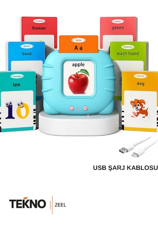 Teknozeel İngilizce Konuşan Sesli Flaş Kart Seti Okul Öncesi Öğrenme Eğitici Oyuncak Mavi Renk