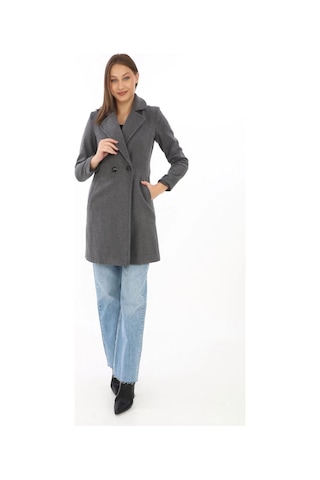 Kadın Kaşe Kaban Siyah Yünlü Dokuma, Kruvaze Yaka, Astarlı, Cepli, Kuşaklı Uzun Boy Tesettür Uyuml Füme