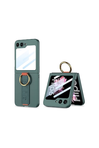 Zore Samsung Galaxy Uyumlu Z Flip 6 Kılıf Kamera Korumalı Yüzüklü Karbon Tasarımlı Ogaa Flip Ring Kıpta Kapak-gri-yeşil