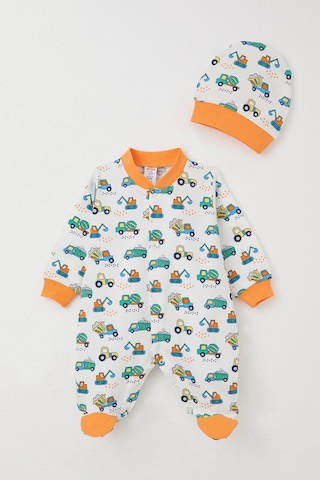 Breeze Erkek Bebek Patikli Tulum İş Makinaları Desenli 0-6 Ay, Beyaz Beyaz