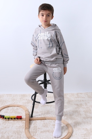 Erkek Çocuk Kapşonlu Eşofman Takımı Smile Baskılı Ribanalı F11 Gri