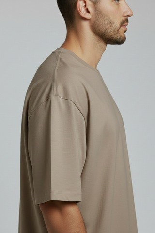 Allunique Erkek Pamuklu Oversize Bisiklet Yaka Vizon T-shirt