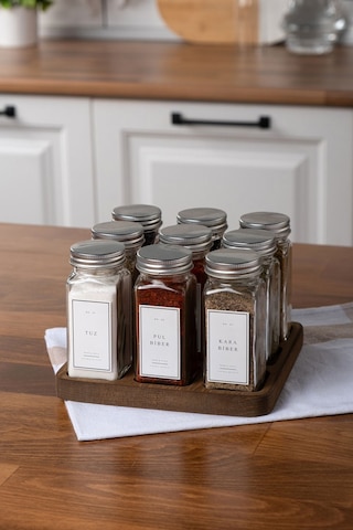 Mienda Home 9'lu Ahşap Standlı Cam Baharatlık Seti Kapaklı Etiketli Baharatlık Mh01slvr09 Beyaz - Şeffaf