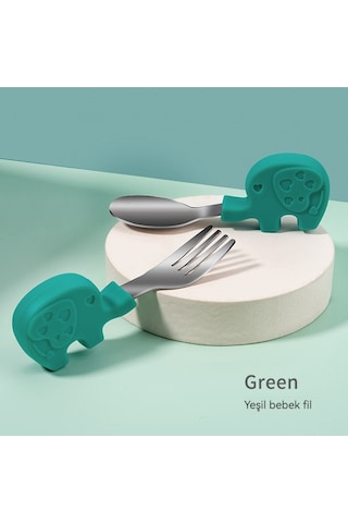 Jian Fan Çocuk Sofra Takımısa Saplıçatal Kaşık Bebek Taşına "itim Tamlayıcıyemek Kaşıbebek" Yeşil