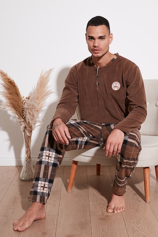 Buratti Ekoseli Regular Fit Düğmeli Bisiklet Yaka Kışlık Polar Erkek Pijama Takımı 60961002 Camel