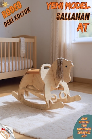 Ahşap Sallanan At-deri Koltuklu-ayak Destekli- Yeni Model -kahverengi