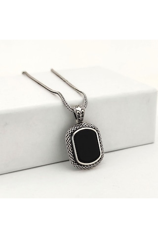 925 Ayar Gümüş Sarmaşık Desenli Oniks Taşlı Kolye Gümüş