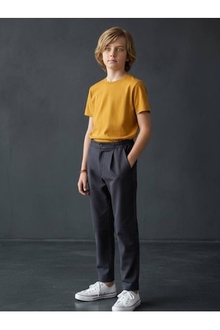 Zekids Erkek Çocuk Pamuklu Rahat Kalıp Duble Paça Eşofman Altı-16626 Füme