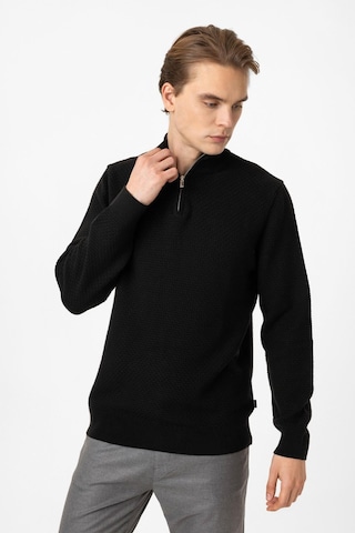 Back And Bond Siyah Regular Fit Desenli Dik Yaka Yarım Fermuarlı Triko Kazak