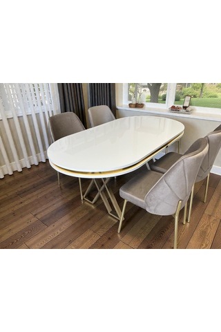 Msy Home 4 Kişilik Nova White Gold Beyaz Masa Yönsüz Kumaş Modern Ve Şık Yemek Masası Takımı Kahverengi
