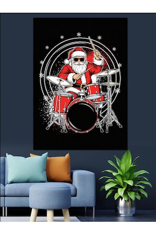 Ahşap Tablo Bateri Çalan Neşeli Noel Baba