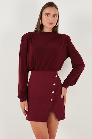 Lela Vatkalı Regular Fit Yırtmaç Detaylı Dik Yaka Mini Boy Bayan Elbise 611El751 Bordo
