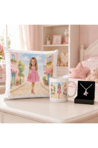 Bk Gift Kişiye Özel Karikatürlü Oyuncak Bebek Tasarımlı Kırlent Yastık & Beyaz Kupa & Kolye -9 Kız Çocuklarına Özel Hediye Seti