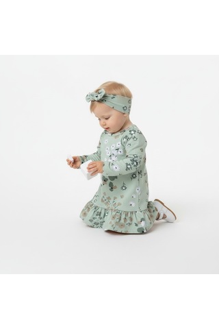 Çiçekli Uzun Kol Kız Bebek Elbise St09755 Yeşil
