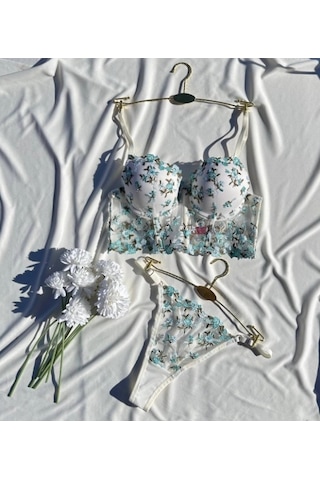Arona Kadın Destekli Büstiyer Takımı Beyaz Üzeri Yeşil Çiçek Desenli Çiçek Desenli Beyaz
