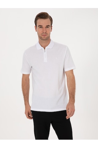 Beyaz Regular Fit %100 Pamuk Fermuarlı Polo Yaka T-shirt