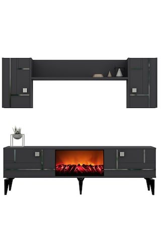 Maddera Şömineli Tv Ünitesi Takımı Antrasit-gümüş