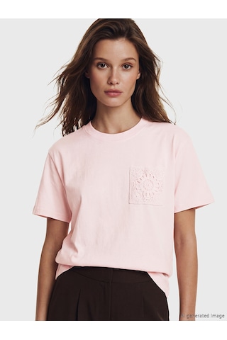 Lcw Modest Pembe Dantel Nakışlı %100 Pamuklu Kadın Tişört