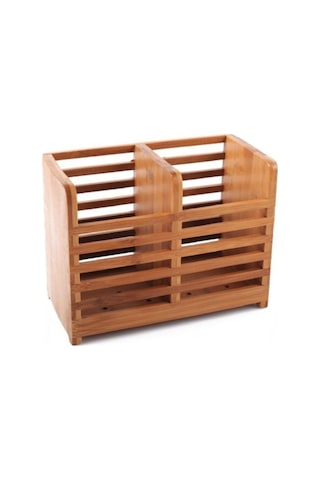 Bambu Kaşıklık Klasik İki Göz Tezgah Üstü Çatal Ve Kaşık Kabı, Kahverengi, 20x11x15cm Çok Renkli