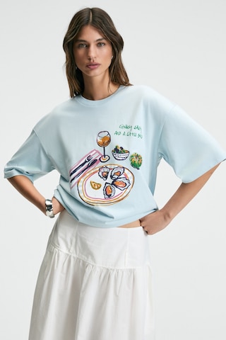 Grımelange NITZA Kadın %100 Pamuk Oversize Bisiklet Yaka Mavi T-Shirt