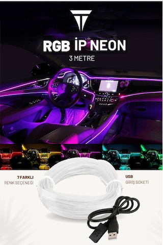RGB Araç Içi Atmosfer Ambiyans İp Neon Torpido Led 3 Metre USB Gi
