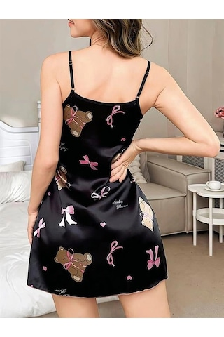 Aria's Closet Arias Closet Siyah İnce Askılı Ayıcık Desenli Saten Mini Gecelik Siyah