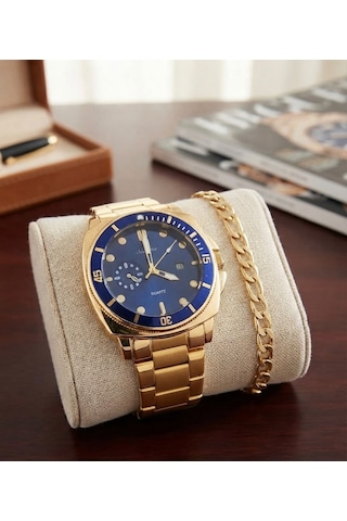 Erkek Bezel Kol Saati Bileklik Hediyeli Yeşil Kadran Takvimli Çelik Kordon Quartz Analog Saat Frn09 Mavi