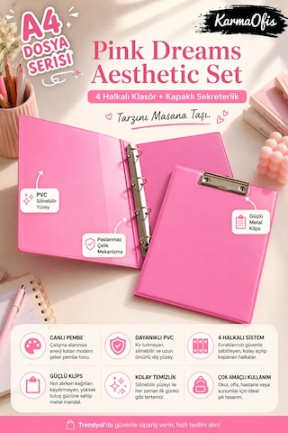 Pink Dreams Aesthetic Kırtasiye Seti A4 4 Halkalı Klasör + Kapaklı Sekreterlik Pembe Pvc Dosya Organizer