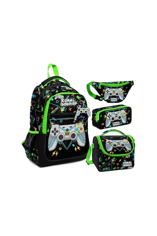 Coral High Siyah Fosforlu Yeşil Gamer Desenli Erkek Çocuk Okul Beslenme Kalemlik Ve Bel Çantası Seti - İlkokul İçin Uygun