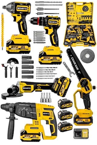 Schatz 21v Darbeli Kömürsüz 5'li Set Kırıcı Delici Hilti - Somun Sıkma Sökme - Testere - Matkap - Vidalama Sarı