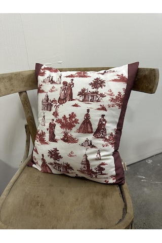 Toile De Jouy Paris Kırlent Kılıfı 43x43 Cm %100 Pamuk Dijital Baskılı Klasik Fransız Tarzı Dekoratif Yastık Kılıfı - Zt740 Kırmızı